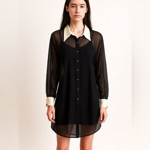 Vintage Sheer Black Tunic Shirt Dress w/ Ivory Satin Collar & Cuffs, Rhinestone